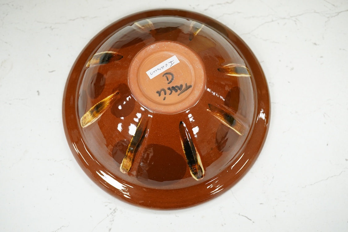 Nicola Tassie (b.1960), Three jugs and a slipware bowl, each signed to the bases, largest 28cm high